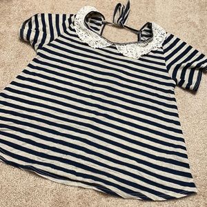 Papaya navy beige stripe crochet lace collar shirt